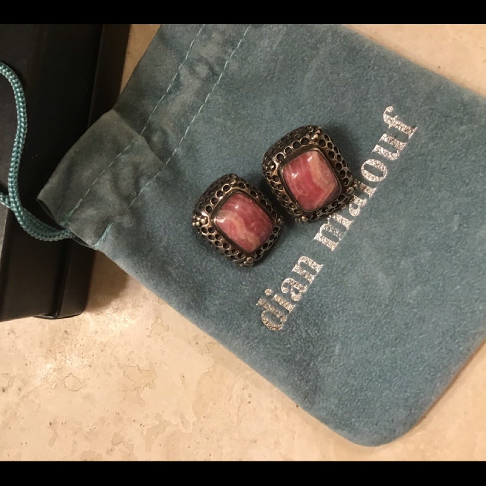 Dian Malouf gem stone earrings are marconite surrounded by beveled  silver
